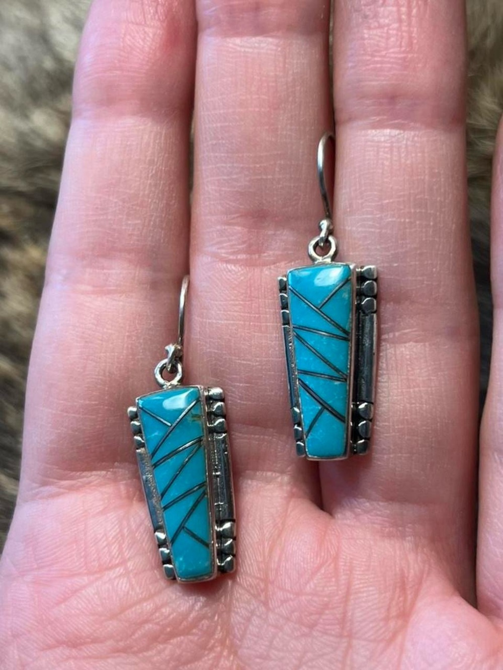 Sterling silver Native American Navajo Johnson Ralph turquoise inlay earrings